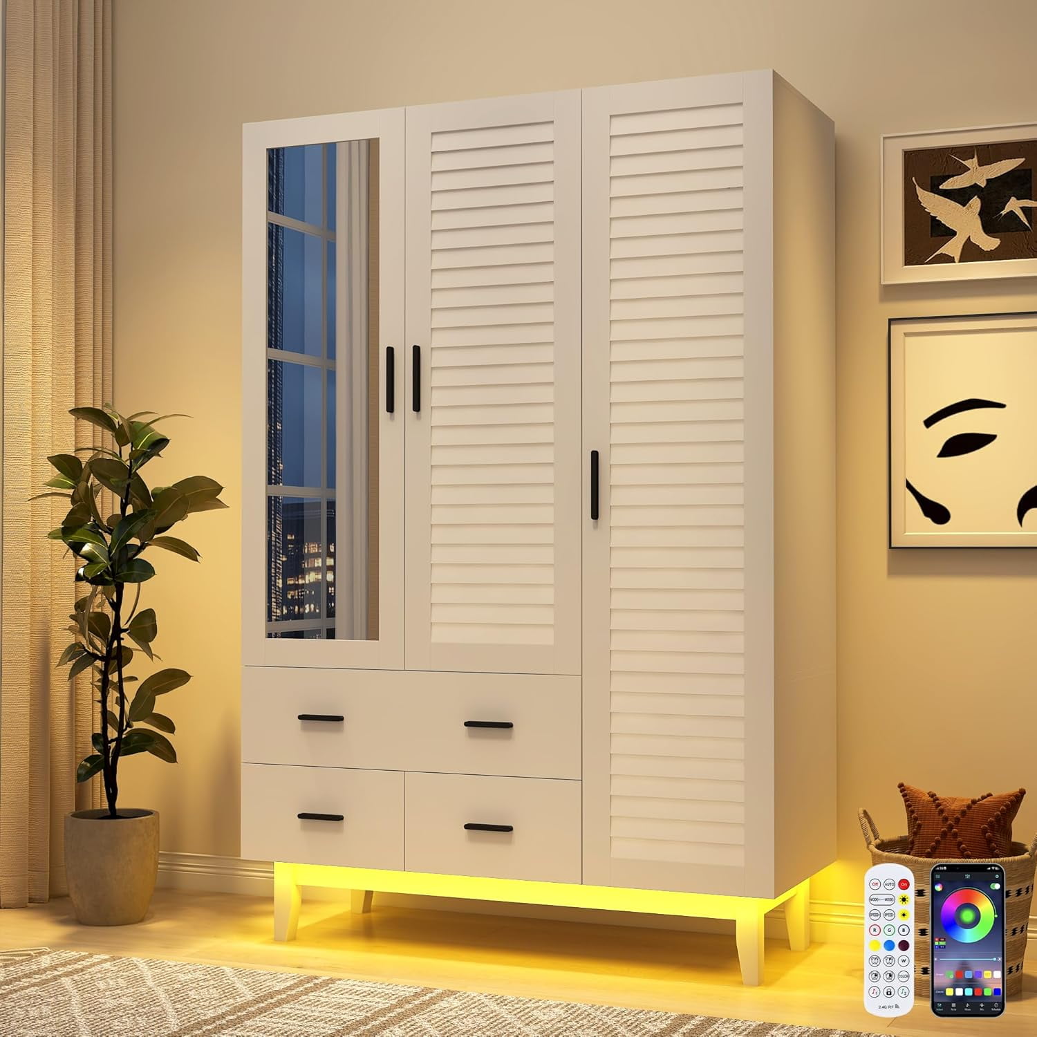 Blotout 70" Armoire Wardrobe Closet with Mirror & LED Lights, LED White Louver Door Wardrobe Armoire with 3 Drawers & Hanging Rods, Large 3 Doors Armoire Storage with Multi-Layer Shelves