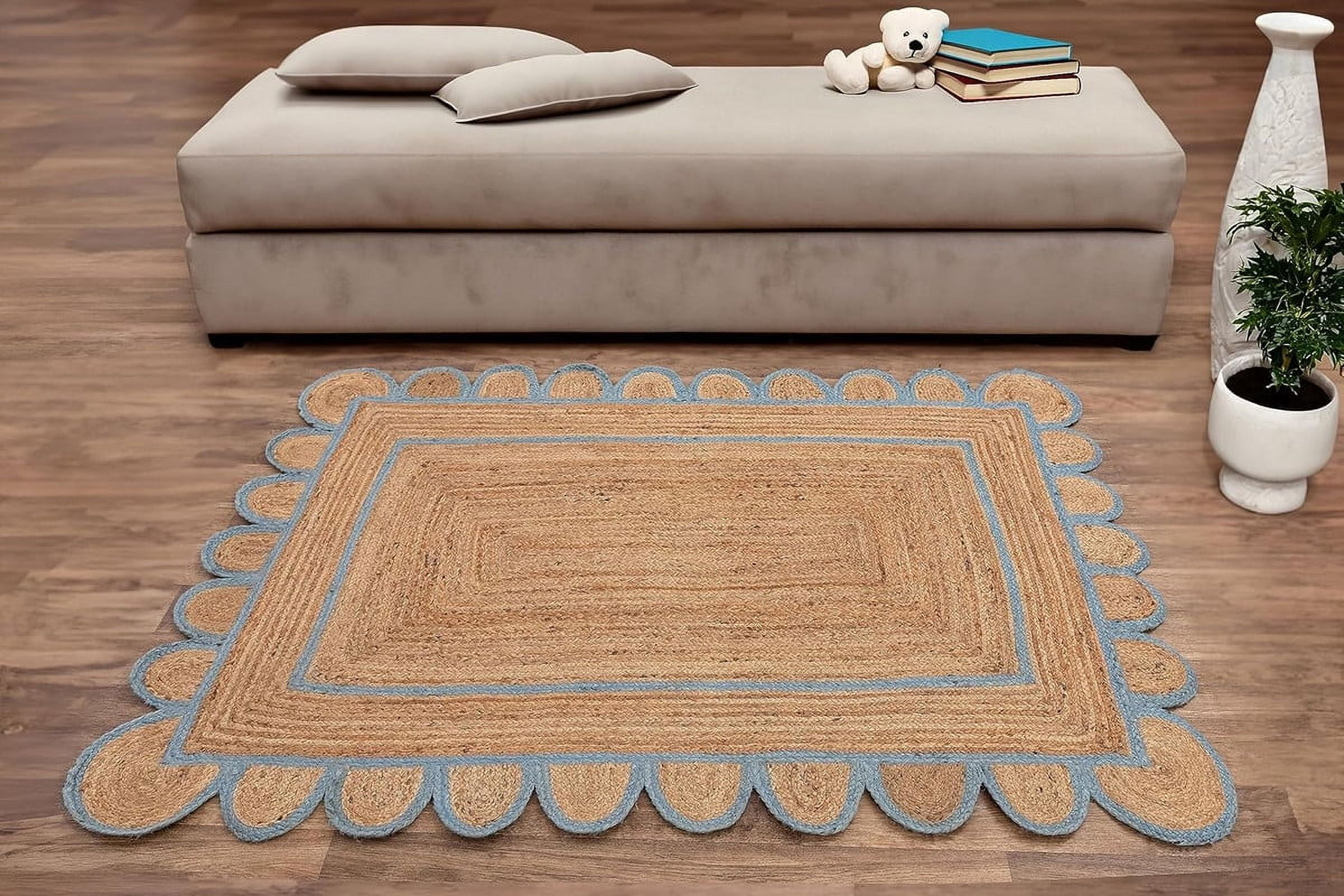 KLAVATE Natural Jute Hand Braided Scalloped Farmhouse Area Rug