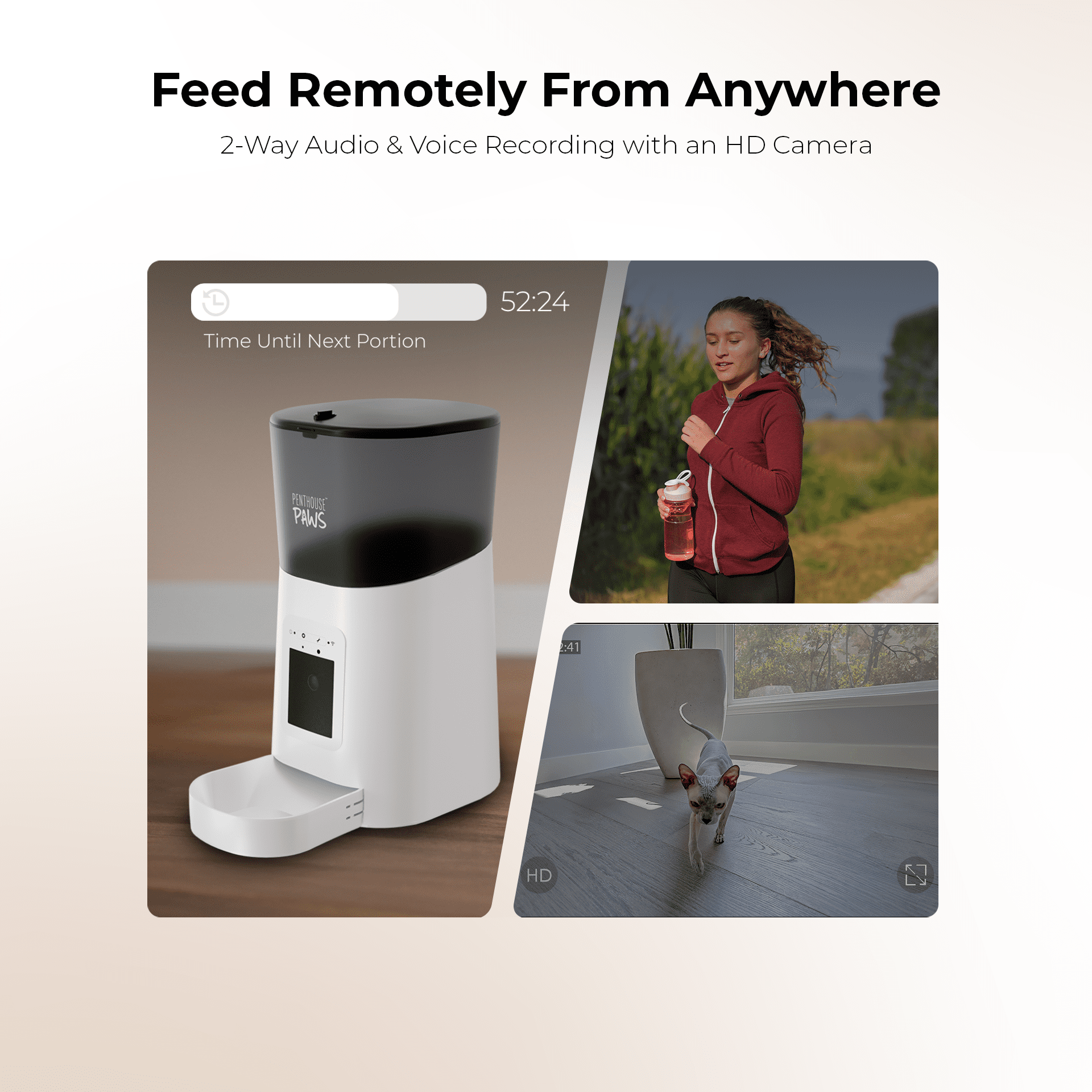 Penthouse Paws Smart HD Pet Feeder, 6L Dry Food Capacity, 1080p Camera, 2-Way Audio, Scheduled Meals, Backup Power, Easy to clean, Anti-Jam Design for Cat & Dog, Black