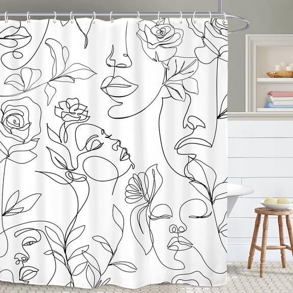 Abstract Women Face Bathroom Shower Curtain 72W by 84H Inch Minimalist Modern Line Art Black White Rose Contemporary Polyester Fabric 12 Plastic Hooks Waterproof Decor