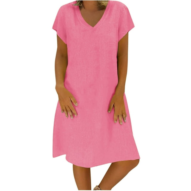 Robe d'Été pour Femmes Aguichant Mode Femmes Ample à Col en V Été Uni à Manches Courtes Robe en Coton et Lin Robe d'Été Ample pour Femmes Robe d'Été pour Femmes avec Manches