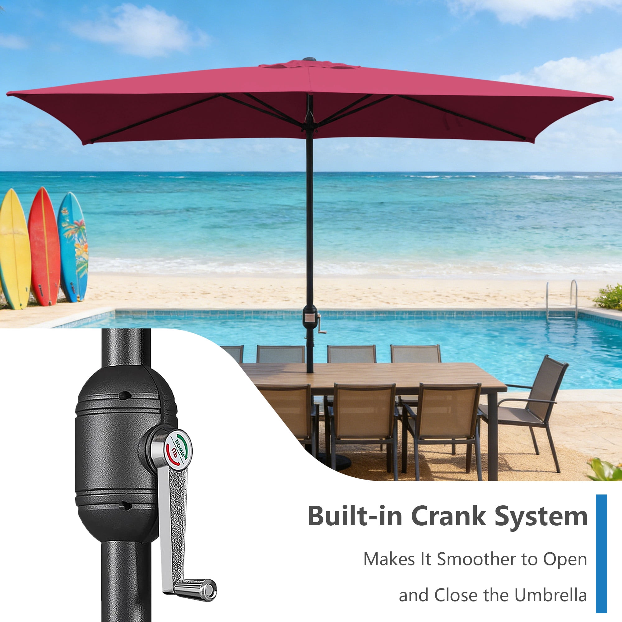 Abble 10x6.5ft Rectangular Patio Umbrella with Crank Handle, Outdoor Market Umbrella with 6 Sturdy Umbrella Ribs, Waterproof, Burgundy