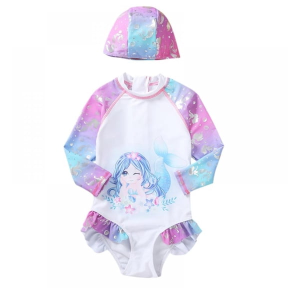 GYRATEDREAM Girl One Piece Swimsuit Sunsuit Long Sleeved Rashguard Swimwear Toddler Kid One Piece Rashguard Bathing Suit Zip with Hat, Size 2-3 Years