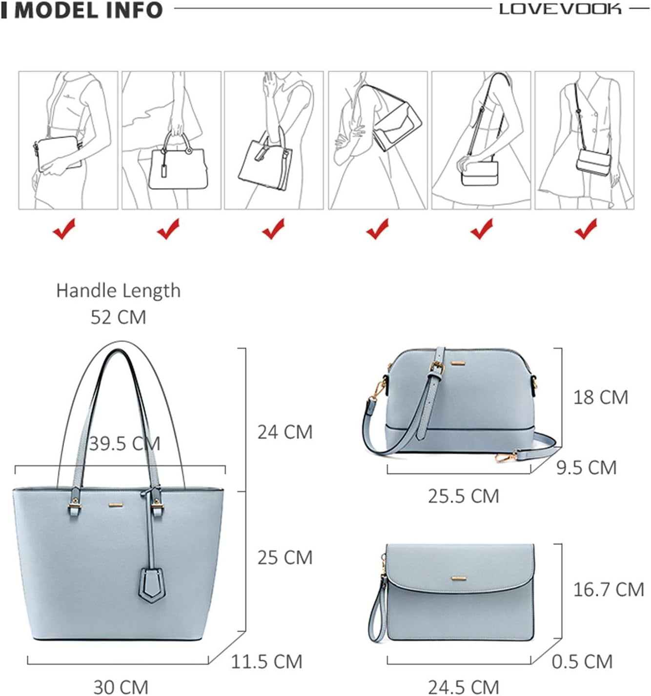 Lovevook Purse for Women,Fashion Tote Bag Shoulder Handbags Top Handle Satchel Bags with External Pocket-3pcs & Pale Blue