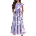 thumbnail image 2 of Spazoro Kids Girls Dresses, Short Sleeve Round Neck Fashion Floral Print Princess Dress for Child Girls Purple Size 7-8T, 2 of 7