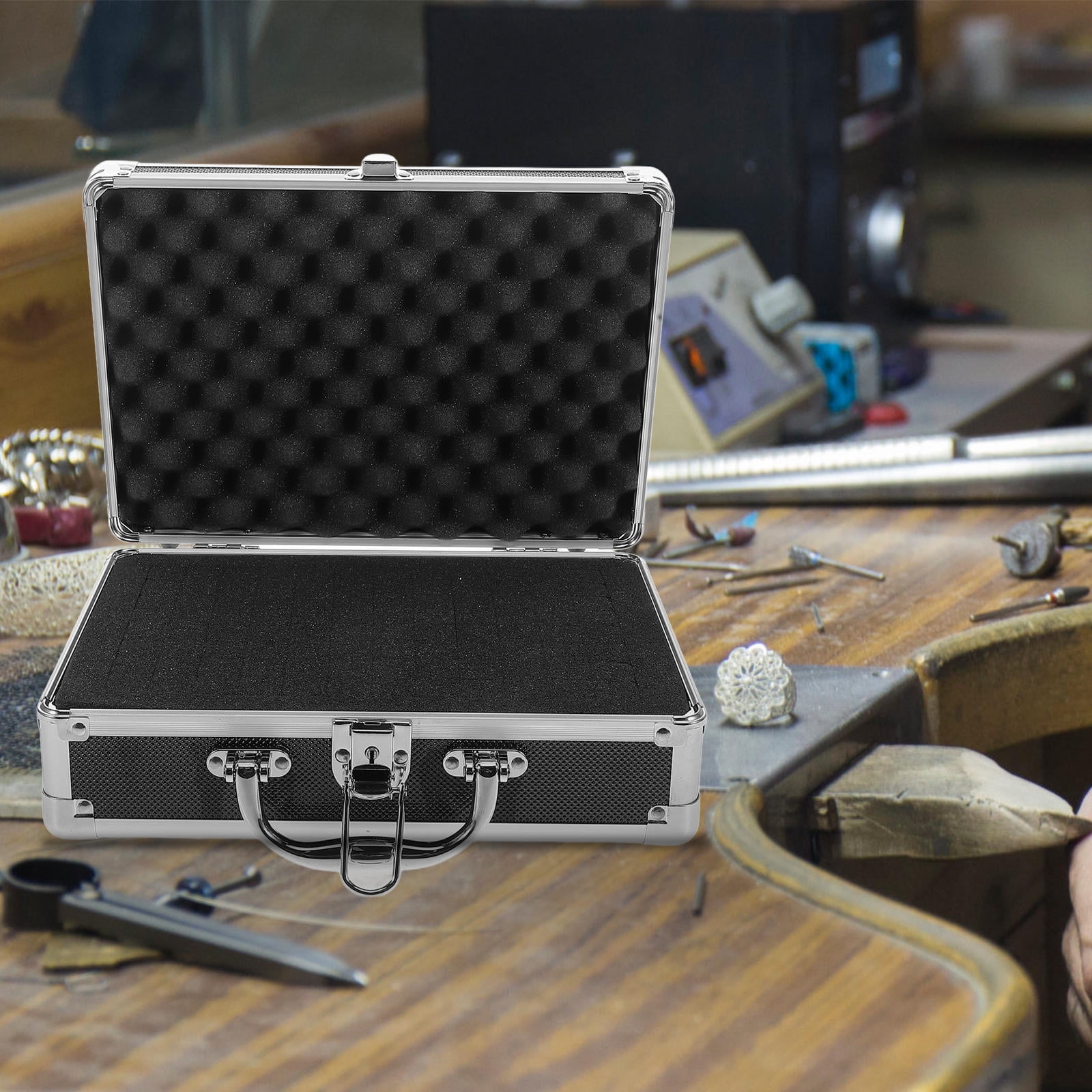 Masteelf Silver Aluminum Alloy Storage Box Multifunctional Portable Tool Case with Handle Lockable Metal