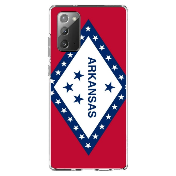 DistinctInk Clear Shockproof Hybrid Case for Samsung Galaxy Note 20 (6.7" Screen) - TPU Bumper, Acrylic Back, Tempered Glass Screen Protector - Arkansas State Flag - US State Flag