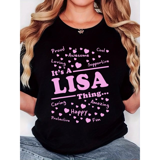Women's "It's a Lisa Thing" Graphic T-Shirt - Retro Minimalist Design, Casual Comfort Fit, Short Sleeve, Round Neck, Black with Pink Lettering & Hearts Print, 100%, Machine Washable, Casual Wear | Pl