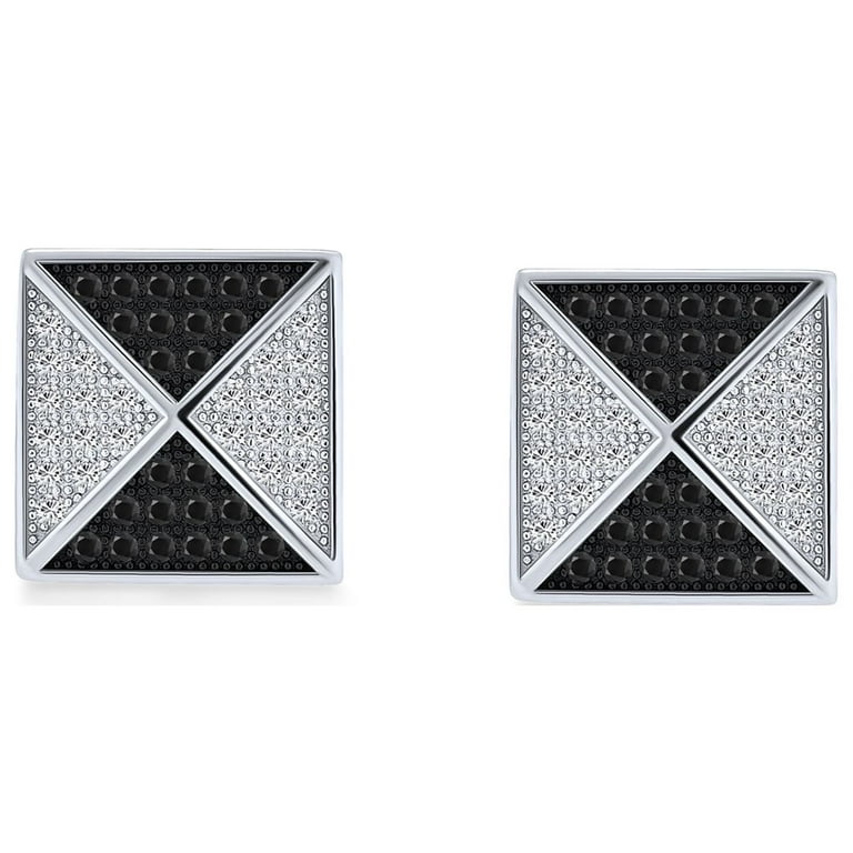 Black White Pyramid Square Shaped Cubic Zirconia Square Micro Pave CZ Stud  Earrings for Men .925 Sterling Silver 11MM