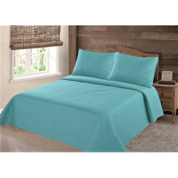 3-PIECE NENA TURQUOISE QUEEN LUXURY MIDWEST MODREN  DESIGN Solid Microfiber Quilting Bedding Bedspread Coverlet Set Matching Pillow Sham & Quilt