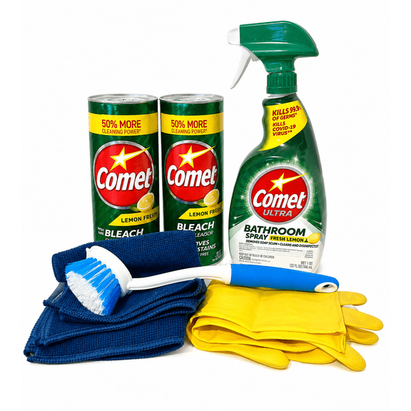 Orvella Home Complete Bathroom & Kitchen Cleaning Kit – Household Cleaning Bundle with Powder Cleanser, Lemon Spray, Scrub Brush, Microfiber Cloths & Gloves