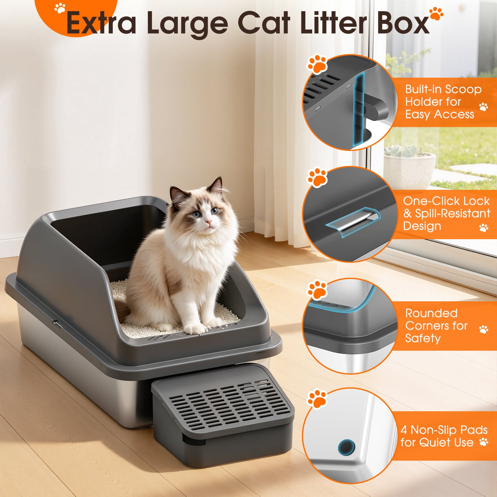 Euqvunn Stainless Steel Litter Box XL for Large Cats, Metal Cat Litter Box with Lid and High Sides, Leakproof, Non Stick, Easy to Clean, Scoop Included
