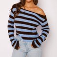 thumbnail image 1 of Camisa de punto para mujer Top de manga larga con rayas horizontales y hombros descubiertos Traje diario FLhrweasw Nuevo, 1 of 8