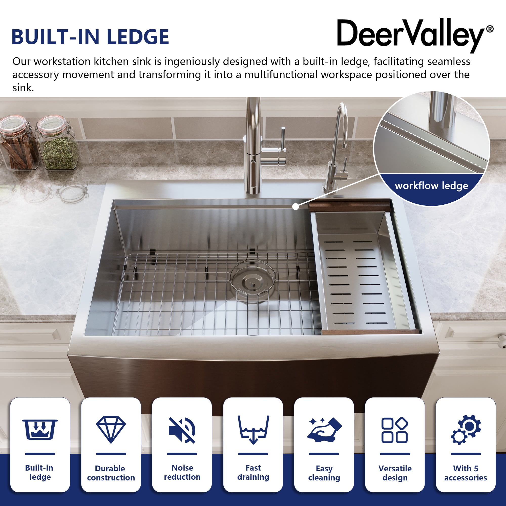 Silver Grey Stainless Steel Rectangular 30 in. Single Bowl Farmhouse Apron Workstation Kitchen Sink with Accessories