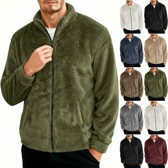 Jinhomg Mens Fleece Zip Up Sweatshirts Loose Cozy Mock Neck Zipper Jacket Lightweight Fuzzy Sherpa Sweatshirt Warm Athletic PulloverTops