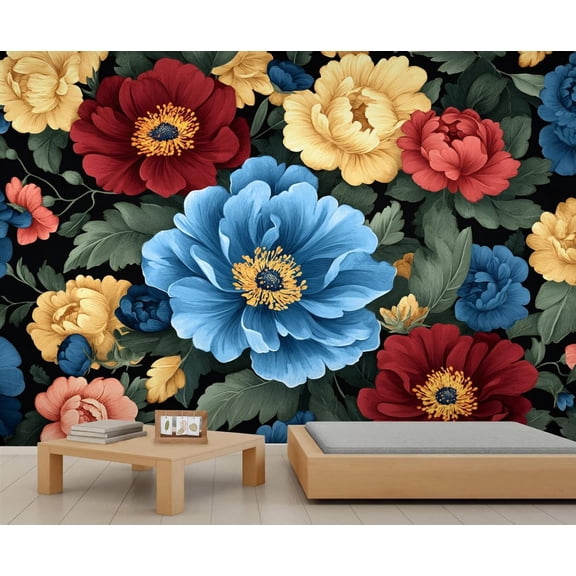 Peony Custom Mural- Vibrant Blooms Mural, Multicolor Flower Large Murals For Living Room Bedroom, Peony Murals 79"W x 55"H (Not Peel and Stick)