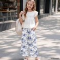 thumbnail image 6 of COEQINE Girls' Casual Pants Elastic Waist Ruffled Long Pants Wide Leg Trousers Printed Pants Baggy Trendy Streetwear for Tween 9-10 Y, Blue Gray Rose Leaf, 6 of 8