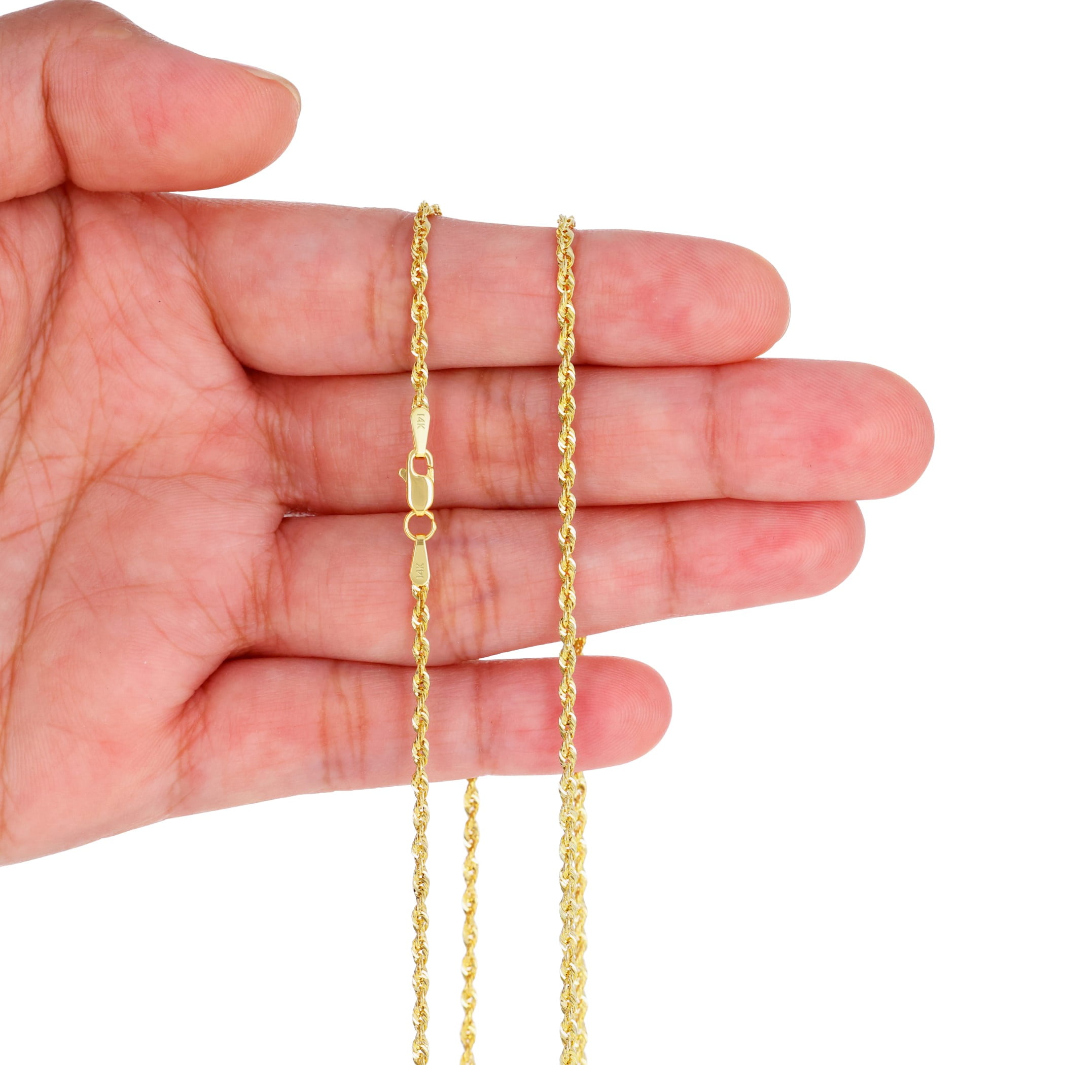 Nuragold 14k Real Yellow Gold 2mm Rope Chain Diamond Cut Lightweight Necklace (16"-30") Italian Jewelry for Men & Women