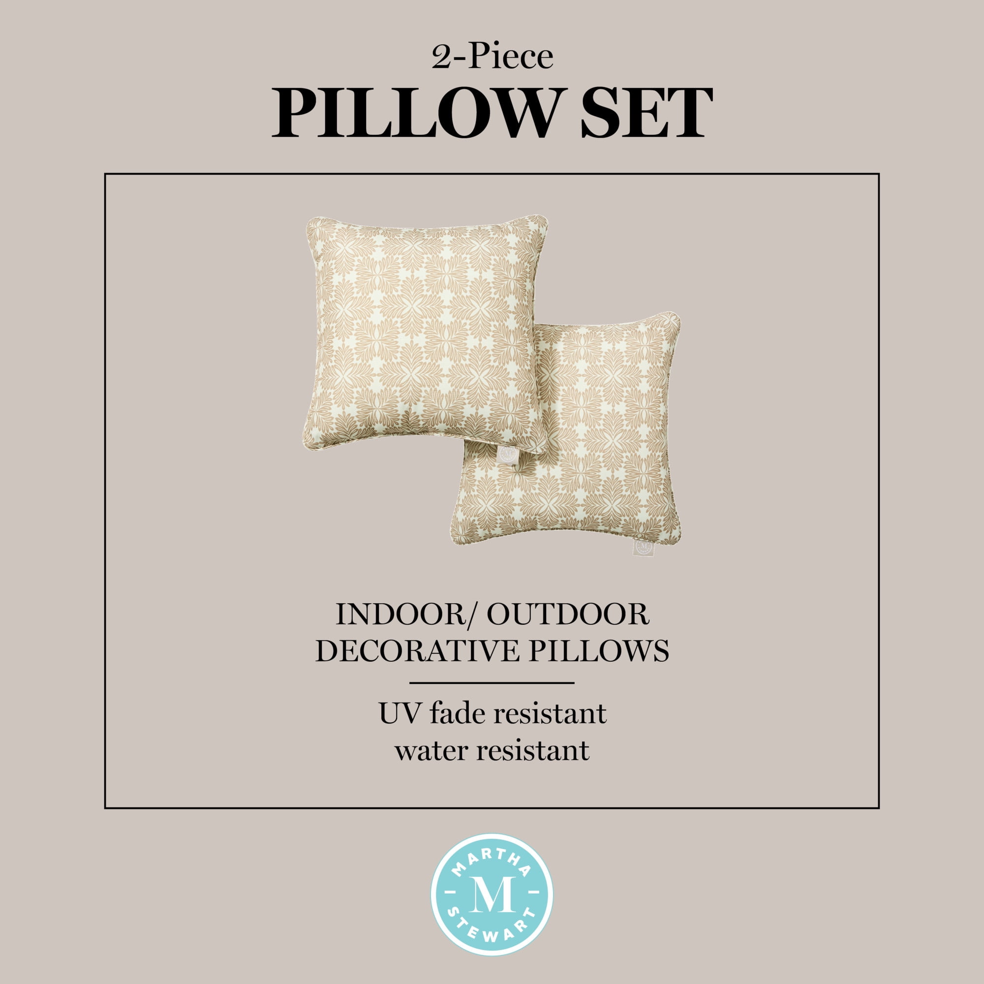 MARTHA STEWART Tulum Indoor Outdoor Decorative Pillow 2-Pack Set, UV Fade Resistant, Water Repellent, Printed Modern Design, Taupe, 18"x18"