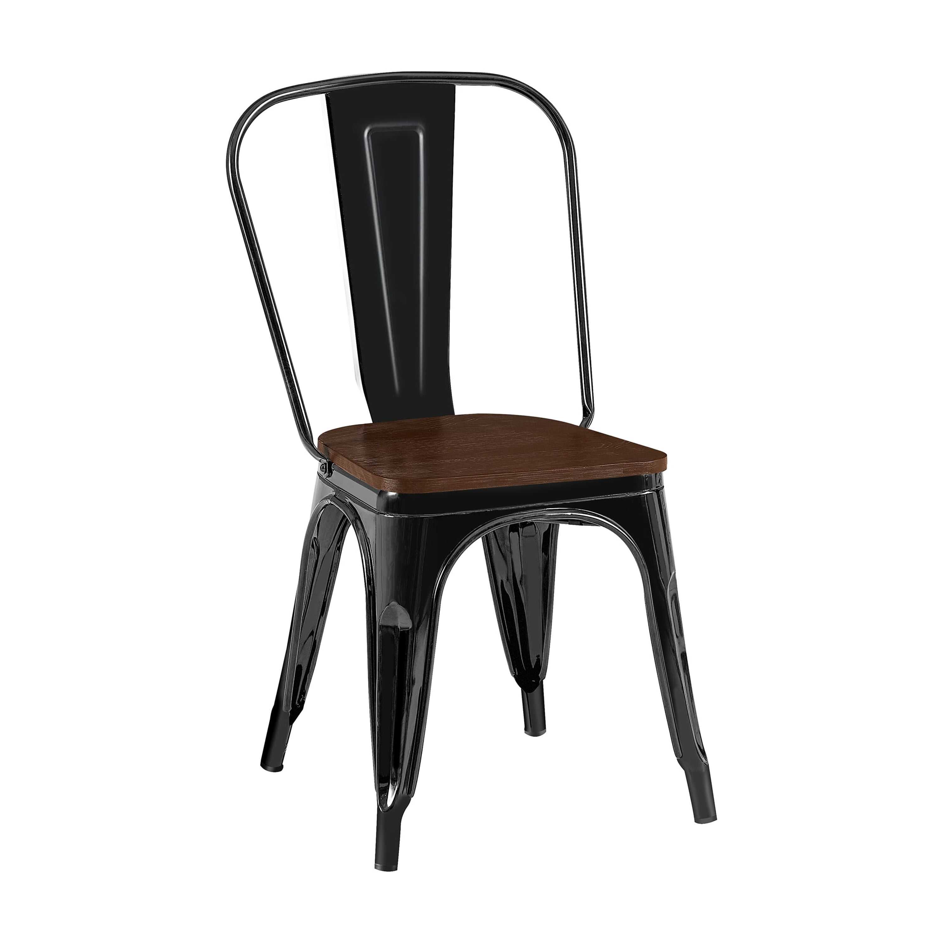 High Gloss Black with Walnut Wooden Seat Industrial Metal Dining Chairs 18 Inch Seat Height Stackable, Set of 2