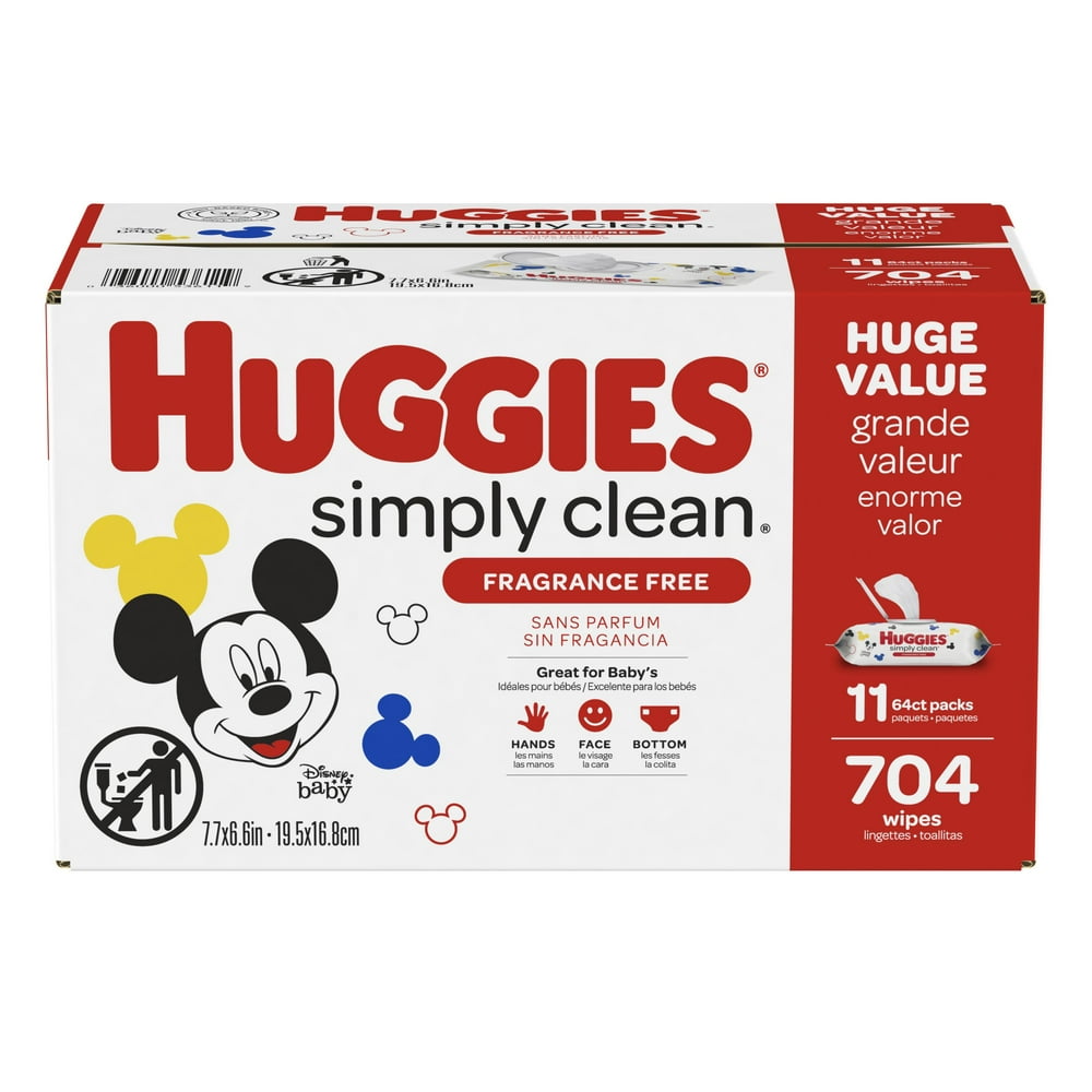 Huggies Simply Clean Unscented Baby Wipes, 11 Flip Lid Packs (704 Wipes