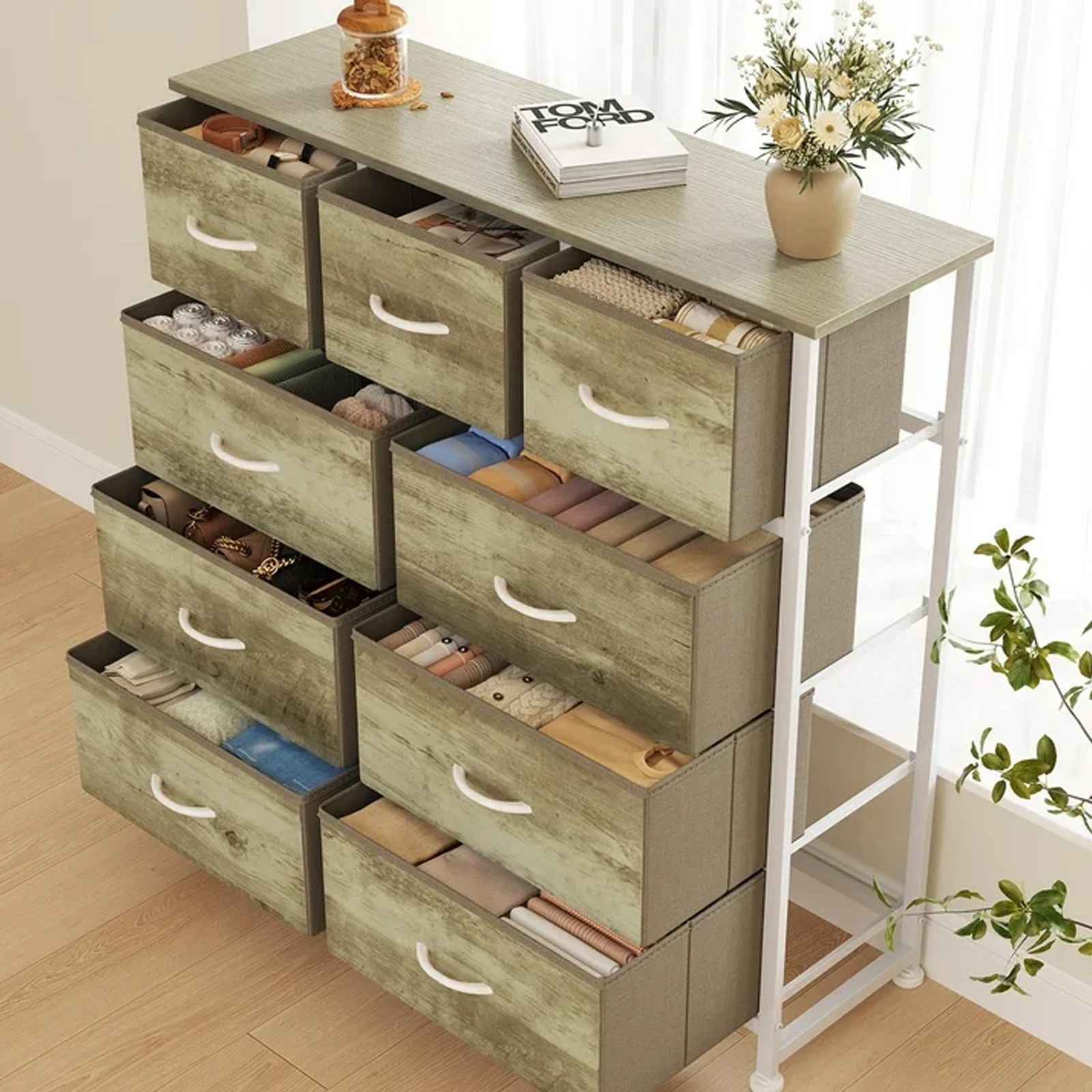 Nextay 9-Drawer Fabric Dresser for Bedroom, Storage Dresser Closet with Steel Frame & Wooden Top for Living Room, Dressing Room, Entryway, Greige Oak