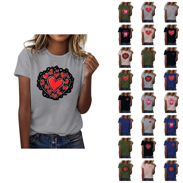 T-shirts de la Saint-Valentin pour Femmes 2026 à Manches Courtes Col Rond avec Cœur Graphique