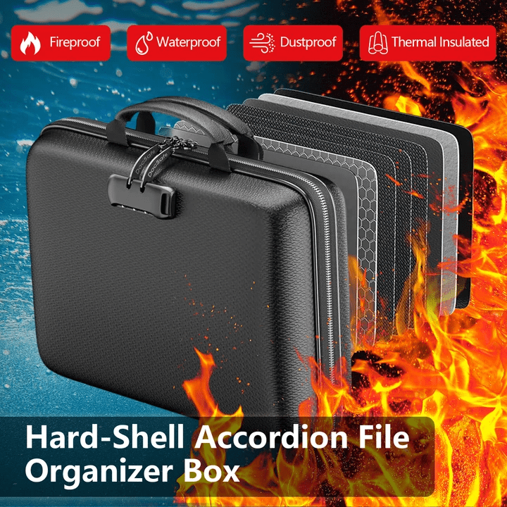 Gijjgole Fireproof Document Box with Lock, Hard-Shell Case Fireproof Box with 13 Pockets Accordion File Folder, Important Document Organizer for Letter A4 Files Laptop Passports