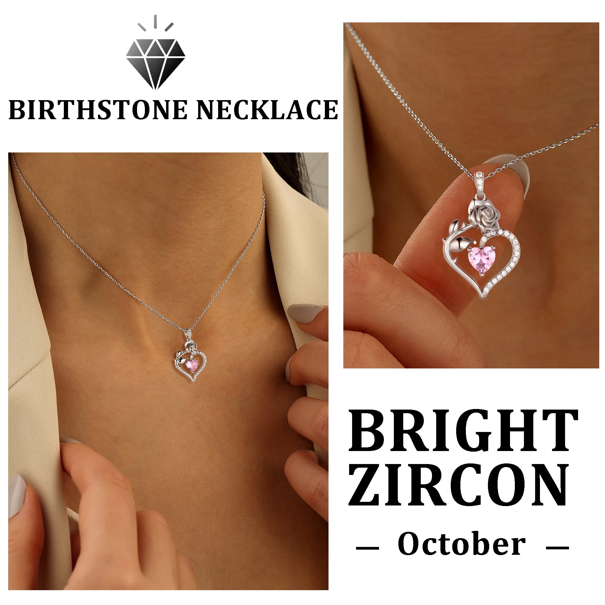 Beautlace 925 Sterling Silver Birthstone Necklace Rose Flower Heart Pendant Jewelry Christmas Valentines Mother's Day Gifts for Women Mom Wife/Lover