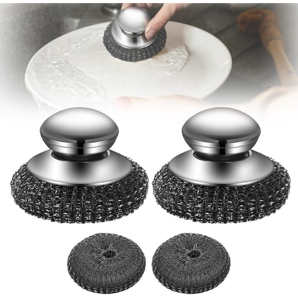 Tampon à Récurer en Laine d'Acier Inoxydable Amélioré avec Poignée - Tampons à Récurer de Rechange en Paquet Multiple, Détachables pour Vaisselle, Casseroles en Fer, Cuisinières (2 Pcs)