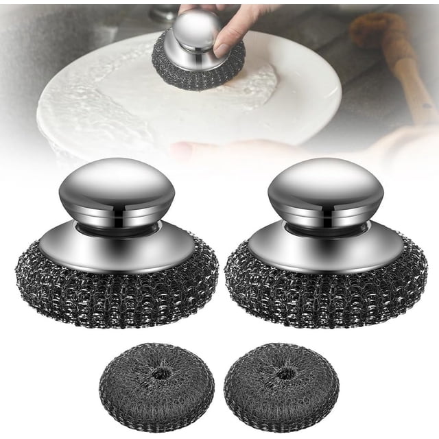 Upgraded Stainless Steel Wool Scrubber with Handle - Multi-Pack Replacement Scrubber Pads, Detachable for Dishes, Iron Pots, Stoves (2PCS)