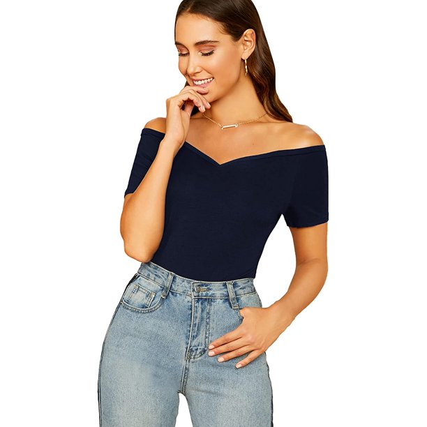 playera sexy de punto acanalado de manga corta con cuello en V para mujer Azul oscuro G Azul oscuro G Xishao ropa