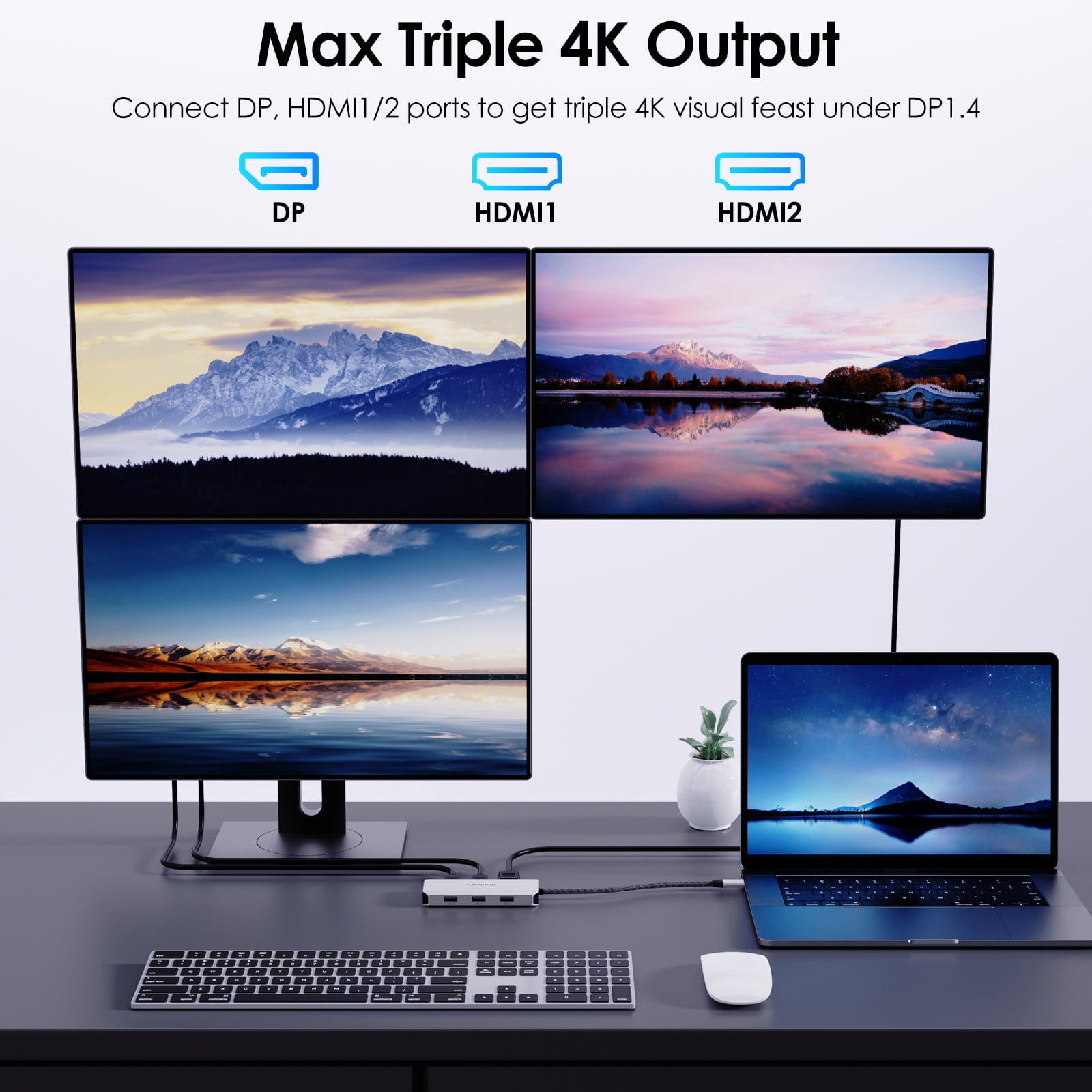 WAVLINK USB C Laptop Docking Station Quad Monitor, 7-IN-1 Multiport Adapter with dual 4K HDMI, 4K DP, VGA, 3xUSB2.0, For Dell/HP/Lenovo/Thinkpad, Compatible with Mac/Windows/Chrome OS/Linux/Android