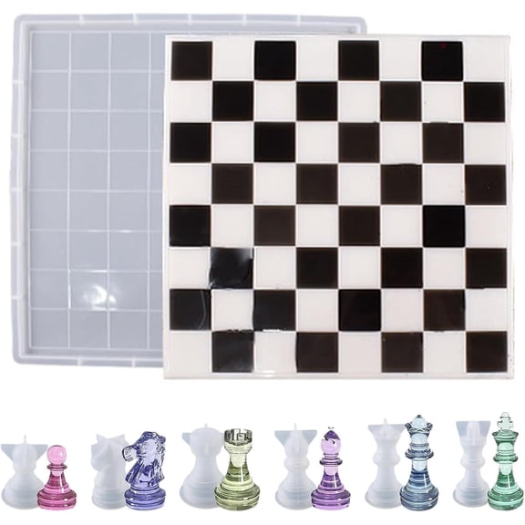 7 pcs 7 Styles Chess Set Theme Silicone Molds 3D Chess Board Checkers Piece Molds for DIY Party Epoxy Resin Plaster Casting Soap Candle Craft Making Decor