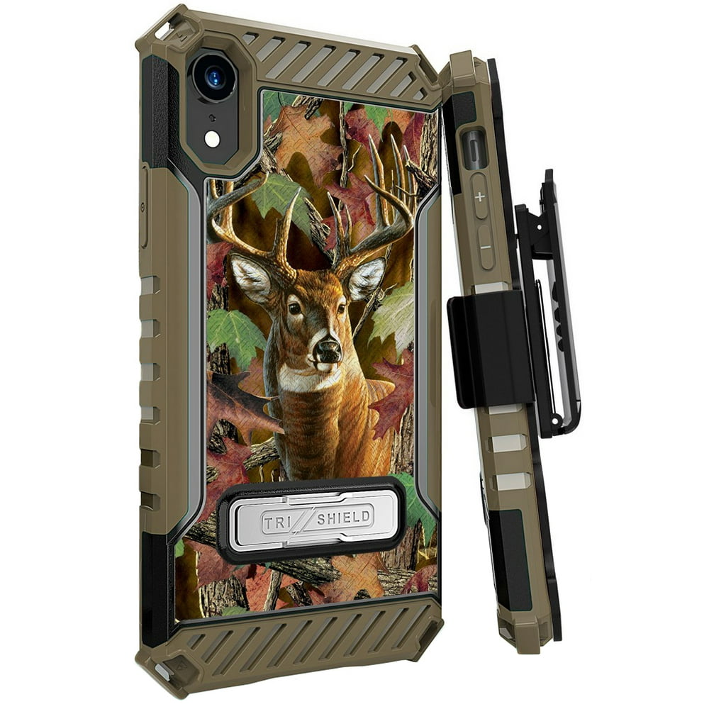 Case with Clip for iPhone XR, Outdoor Deer Hunter Camo Rugged Cover and