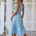 thumbnail image 3 of Vestido de verano con estampado floral para mujer, informal, con dobladillo empalmado, sin mangas, con un hombro fruncido, para citas, azul，S, 3 of 5