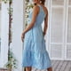 thumbnail image 4 of Vestido informal de mujer con un solo hombro fruncido y dobladillo empalmado, sin mangas para citas, vestido de verano con flores azules, 4 of 6