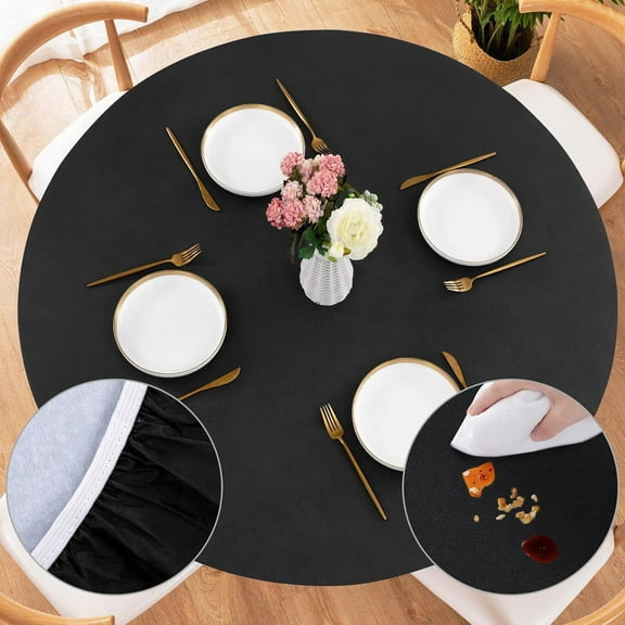 Round Fitted Vinyl Tablecloth with Elastic Edged & Flannel Backing, Waterproof Wipeable Round Table Cover for Indoor Patio Use - Fits Tables up to 36"-44" Diameter(Black)