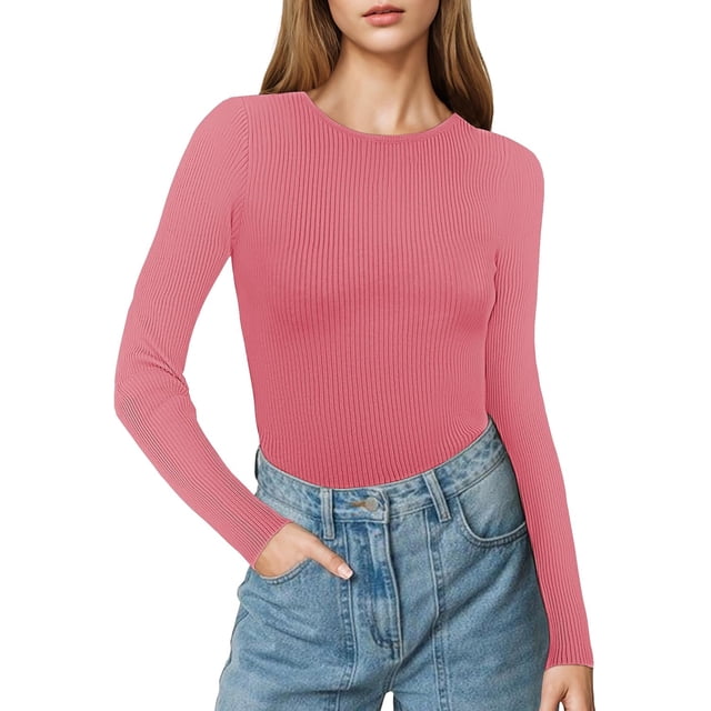 Women's Ribbed Long Sleeve Crewneck Sweater Knit Fitted Soft Light Pullovers Sweater Fall Basic Casual Tops