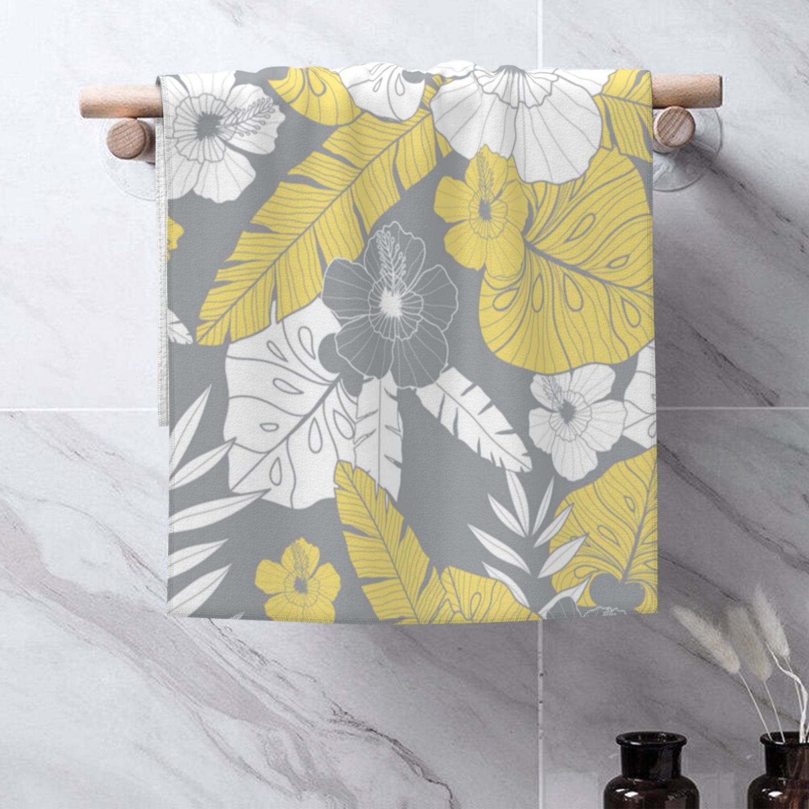 Light Yellow Grey Tropical Floral 27.5" x 16" Ultra Soft Hand Towel, Face Wash Cloth for Bathroom, Gym, Travel, Pool
