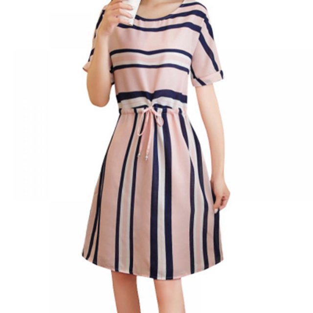 Femmes Robes Slim Taille Haute O Cou Amincissement Casual Stripe Manches Courtes Robe Femmes Vêtements