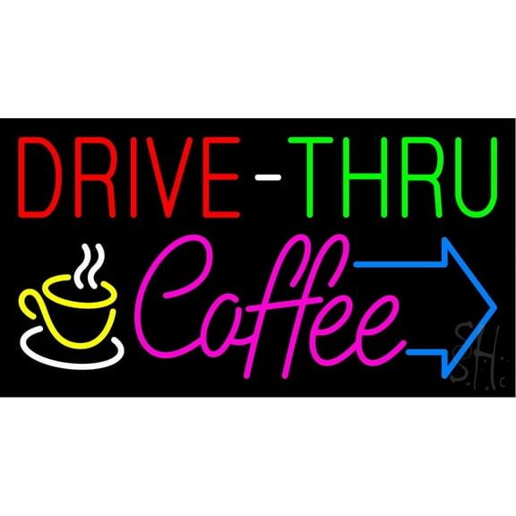 Drive Thru Coffee LED Neon Sign 13 x 24 - inches, Clear Edge Cut Acrylic Backing, with Dimmer - Bright and Premium built indoor LED Neon Sign for restaurant window and interior decor.