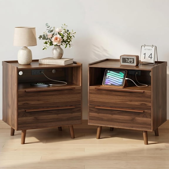 2 Pack 26" Tall Walnut Nightstand with Charging Station, 2 Drawer Bedside Table with Tray Top, USB & Type-C Ports, AC Outlets, and Open Shelf for Bedroom or Living Room