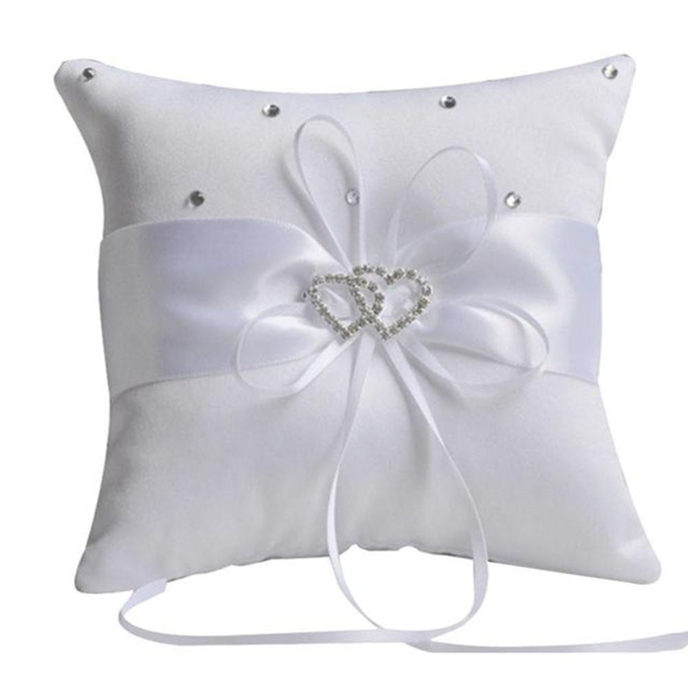 Wedding Pillow Cushion Double Heart Bridal Satin Crystal Ring Bearer Party Decor 