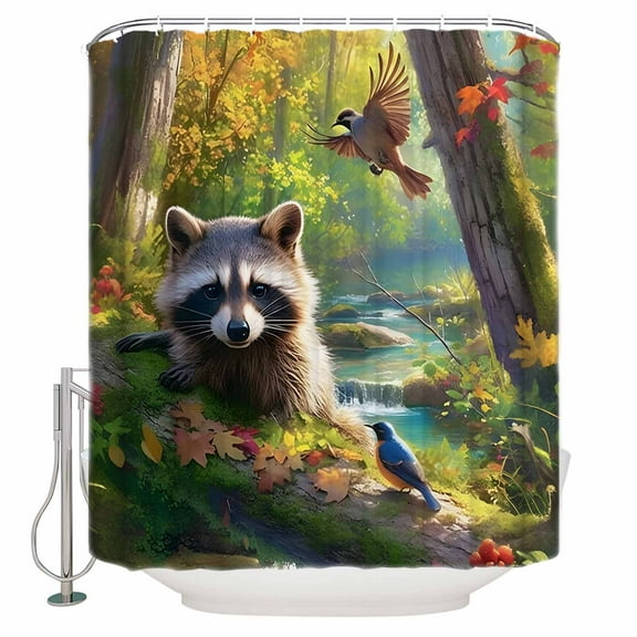 Fabric Shower Curtain Green Forest Animal Raccoon Shower Curtains with 12 Hooks Waterproof Machine Washable Bath Curtains for Bathroom, 36 x 72in