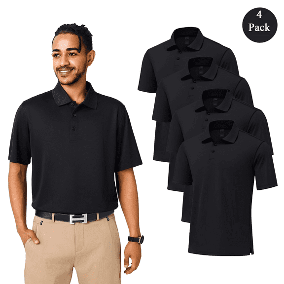 Zfeel Men High Performance Dry Fit Polo Shirt, Short Sleeve Polyester Black Travel Tee, 4 Pack, S