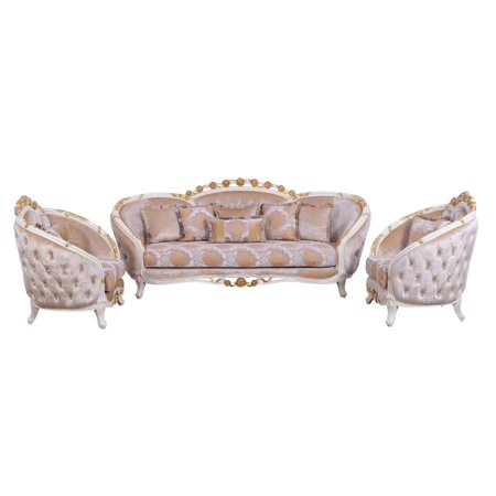 Luxury Beige & Gold Wood Trim VALENTINE Sofa Set 3 EUROPEAN FURNITURE Classic
