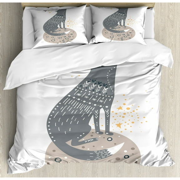 Magic Moon Duvet Cover Set King Size, Howling Wolf on a Planet in Space Crescent Drawing on Plain Background, Decorative 3 Piece Bedding Set with 2 Pillow Shams, Multicolor, by Ambesonne
