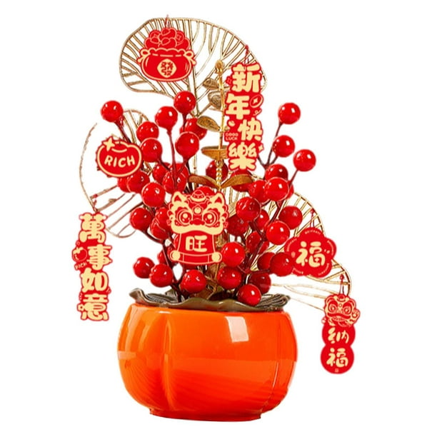 Decoración de Año Nuevo Lunar Chino con flores artificiales en maceta y cubo de bendición Baya L