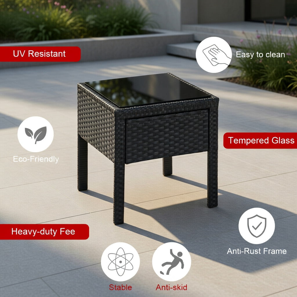 Hommoo 3-Piece Outdoor Wicker Patio Conversation Set, Rattan Chairs + Red Cushions + Tempered Glass Table for Backyard, Balcony & Poolside, Red